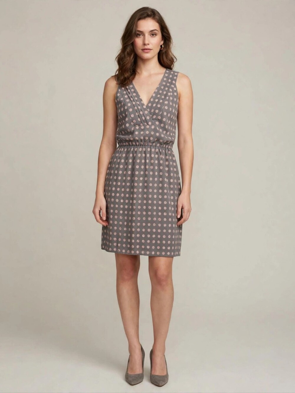 HAWTHORNE! GRAY & PINK SPOTTED V-NECK PLEATED BODICE ELASTIC WAIST DRESS! SZ S